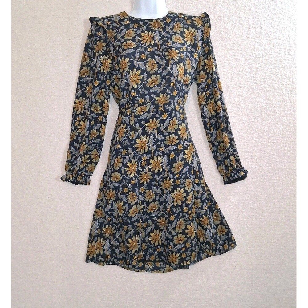 Floral High Neck Navy Ruffle Dress Sz 6 Cottage Retro 70s Poem Core Fairy Folk